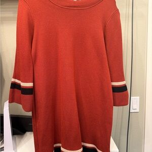 Orange Sweater Dress with Striped Sleeves